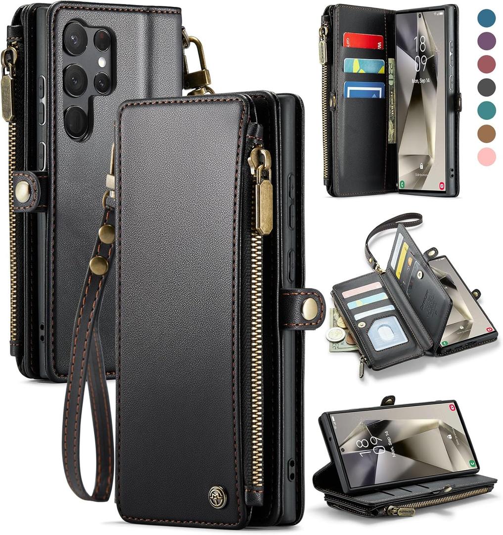 Defencase Compatible with Samsung Galaxy S23 Ultra Case Wallet with RFID Blocking Card Holder for Women Men, PU Leather Magnetic Snap Flip Zipper Strap Phone Case Fit for Galaxy S23 Ultra 5G, Black
