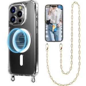 UnnFiko Crossbody Phone Lanyard for iPhone 15 Pro Case Compatible with Magsafe Clear, Metal Phone Strap Phone Case Shockproof Protection, Magnetic Phone Case for iPhone 15 Pro(Gold Lanyard)
