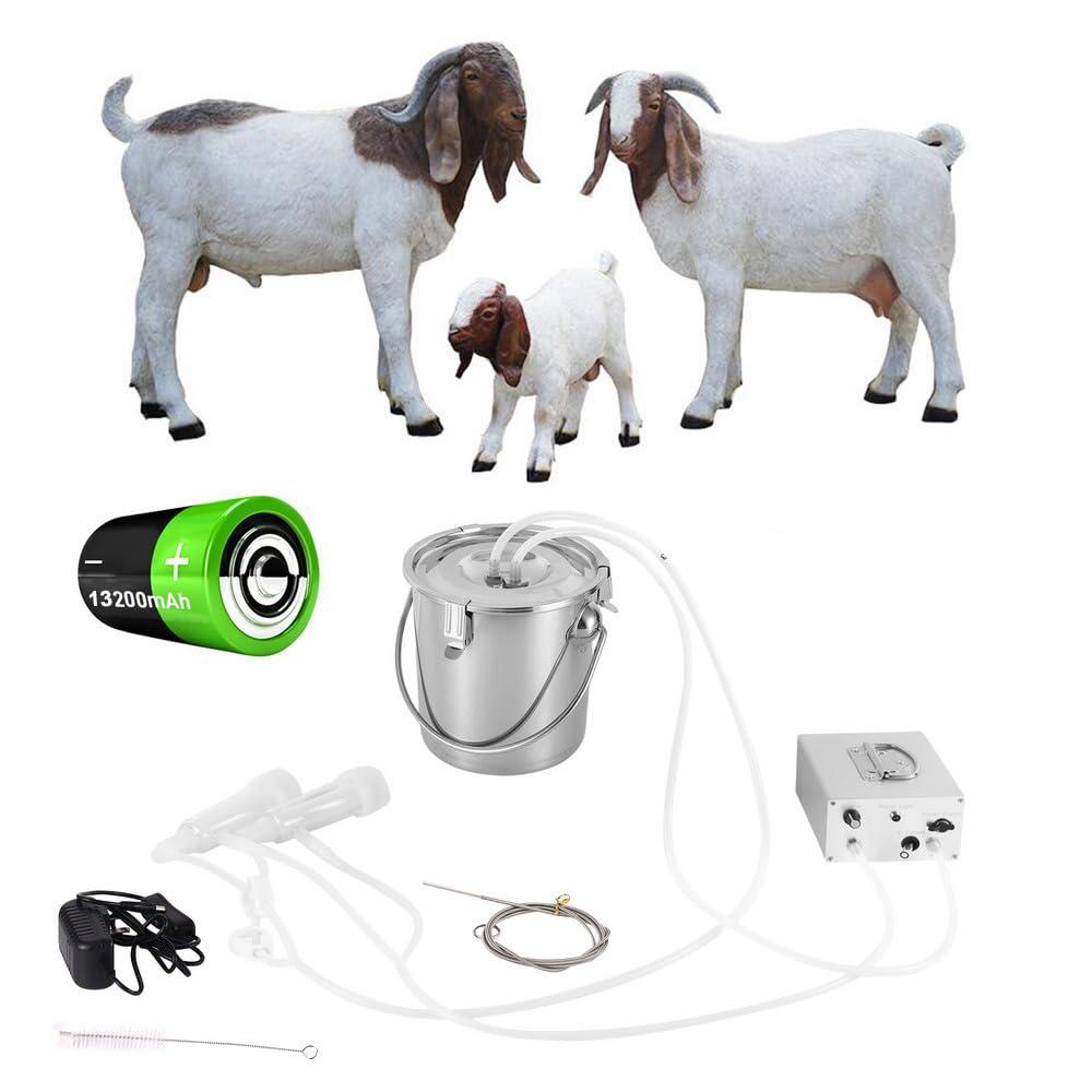 7L Goat Electric Milking Machine, Automatic Rechargeable Battery Powered Pulsation Vacuum Pump with 2 Teat Cups Stainless Steel Bucket for Goat(Battery Model) (7LBattery, Goat)