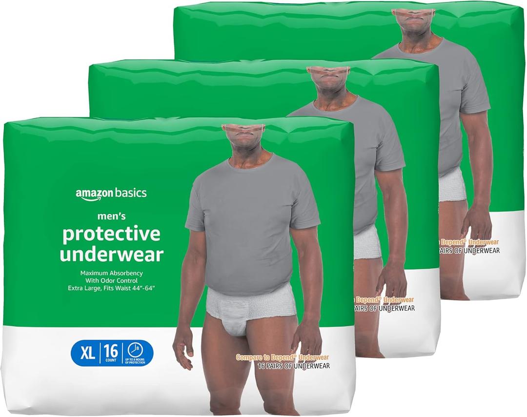 Amazon Basics Incontinence Underwear for Men, Maximum Absorbency, X-Large, 48 Count (3 Packs of 16) Amazon Basics Incontinence Underwear for Men, Maximum Absorbency, X-Large, 48 Count (3 Packs of 16)