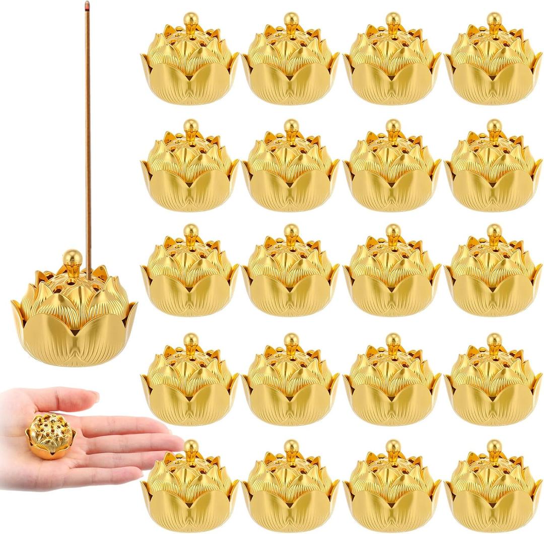 30 Pcs Return Gifts for Pooja Incense Holder Indian Return Gifts Lotus Flower Incense Burner Holder Sticks Cone Burner Ash Catcher with Lid for Pooja Indian Wedding Party Supplies(Golden)
