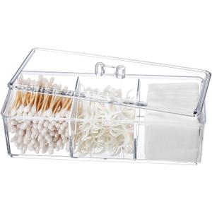 Qtip Holder Transparent 3 Compartments Cotton Ball and Swab Holder Organizer with Lid,Jar for Cotton Rounds,Bathroom Containers,Clear Acrylic Desk Organizer for Makeup Pads,Cosmetics Bedroom