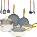 ceramic cookware set,Healthy,Non Toxic,Pots and Pans Set non stick,14-Pcs Kitchen induction cooking Sets, nonstick Pot and Pan Set with silicione Utensils,PFOS/PFOA Free,Cream and Gold