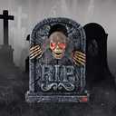 Motion Activated Halloween Animatronics Zombie Tombstone - LED Gravestone Decorations with Spooky Skeleton Skull Head, Light Up Eyes, Creepy Voice, Scary Motion Haunted Horror Prop for Indoor/Outdoor