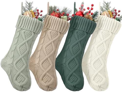 Coume 4 Pcs Sage Green Christmas Stockings 18" Large Knitted Christmas Stockings Knit Cable Boho Rustic Hanging Xmas Stockings for Fireplace Family Holiday Decor Decorations Ornament