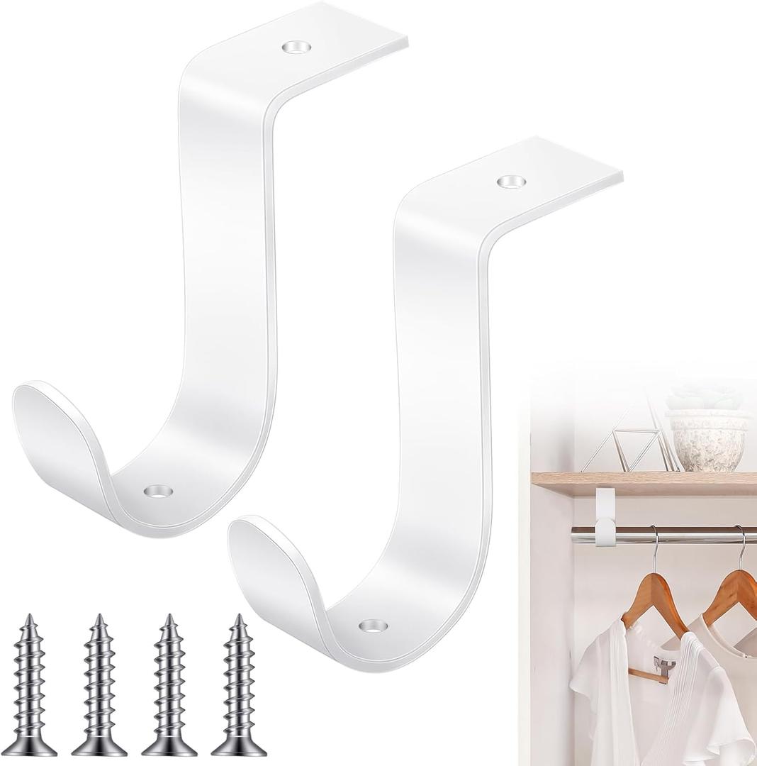 Hicarer 2 Pcs 1.25 Inch Closet Rod Brackets Heavy Duty Metal Wall Mount Rod Brackets with Screws Closet Pole Support for Living Room Bedroom Shelf Office(White)