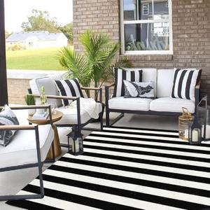 LEEVAN Outdoor Rug 5x7 Black and White Striped Patio Mat, Washable Farmhouse Front Door Decor, Cotton Reversible Balcony Rug, Foldable for Layered Porch