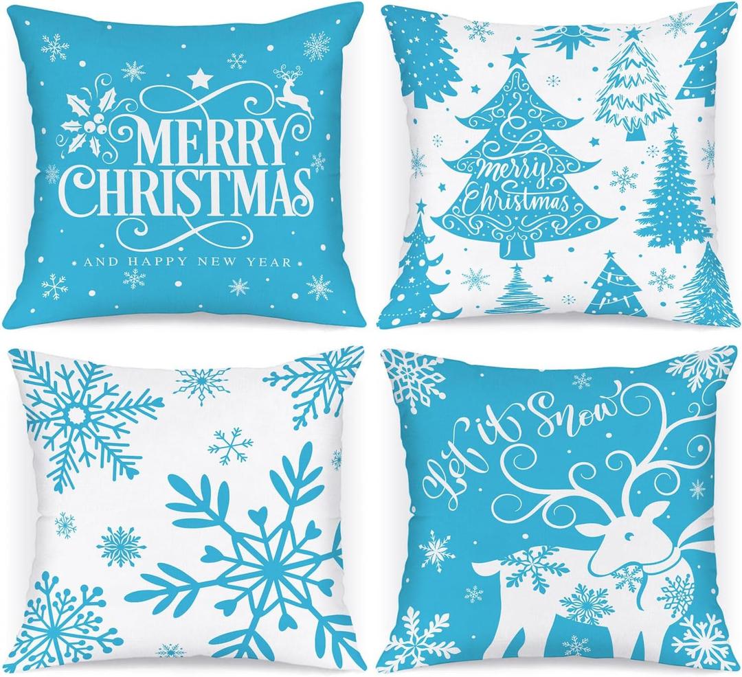 Lanpn White and Blue 16x16 Christmas Pillow Covers Set of 4, Decorative 16 Inch Winter Snowflake Throw Pillow Case Xmas Cushion Cover for Indoor Home Sofa Light Blue