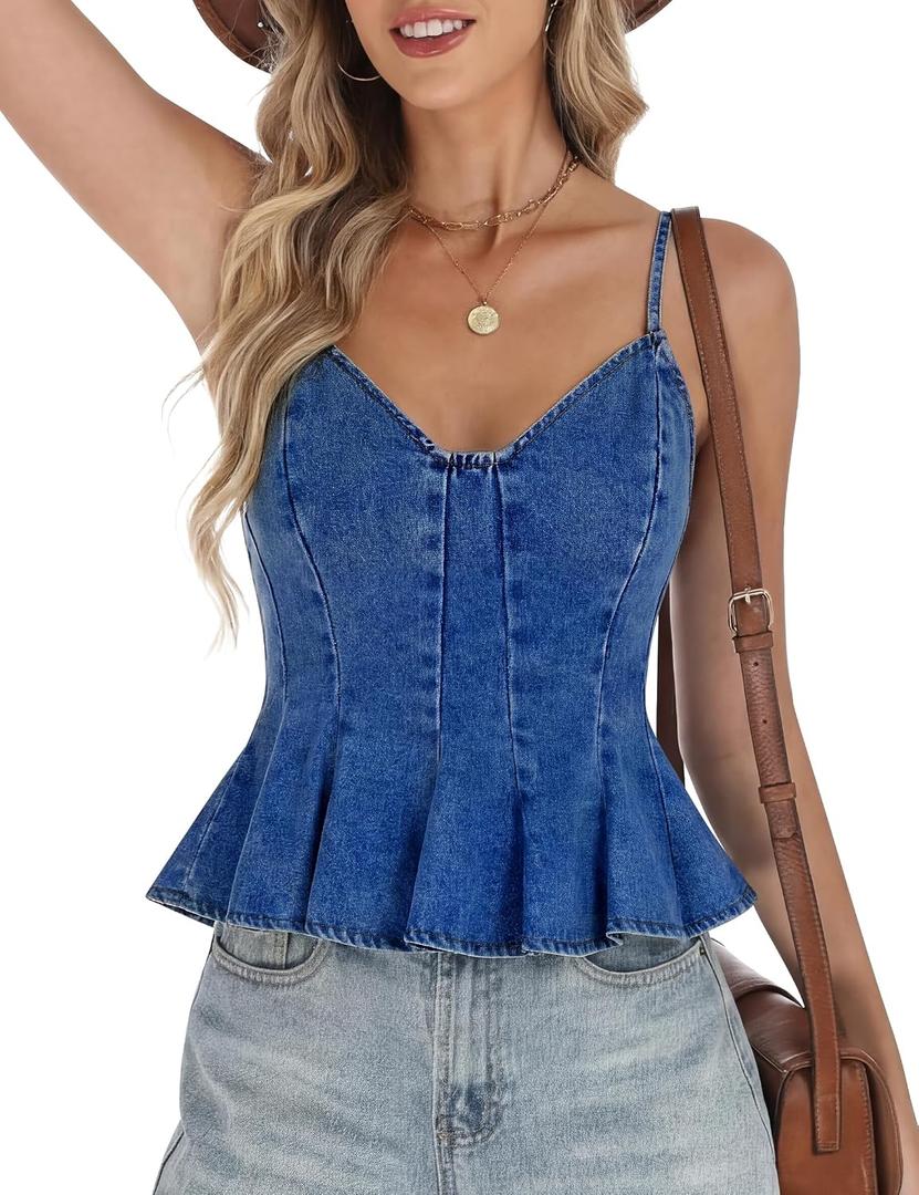 BISUAL Peplum Denim Top V-Neck Crop Denim Halter Top Jean Vest Retro Denim Corset Tank Tops For Women 2026 Summer Trendy Outfit Dark Blue L