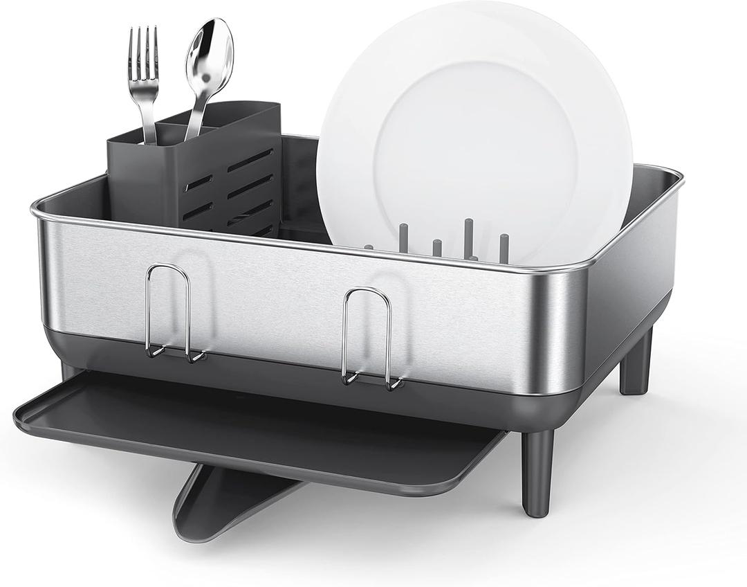 simplehuman Compact Dish Drying Rack with Stainless Steel Frame, 360 Easy Drain Swivel Spout, Utensil Holder, Anti-Residue Coating, Moisture Control Surface, Grey (Compact (15'' X 15.5'' X 7.5''), Gray)