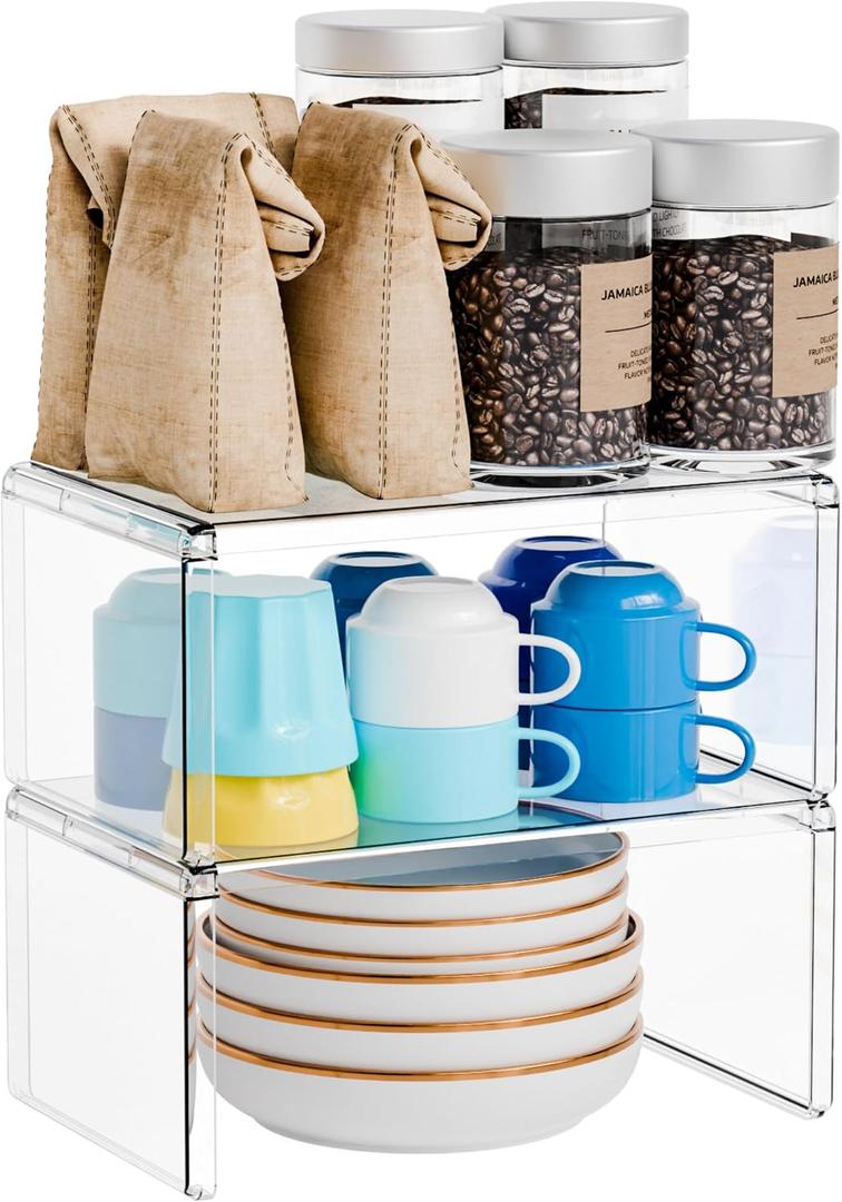 Yieach 2 Pack Acrylic Cabinet Organizer,2 Tier Stackable Shelves for Cabinets,RV Pantry Organization,Counter Space Saver Desk Organizers,Cupboard Shelf and Cabinet Stand & Risers for Mug,Cup,Dish