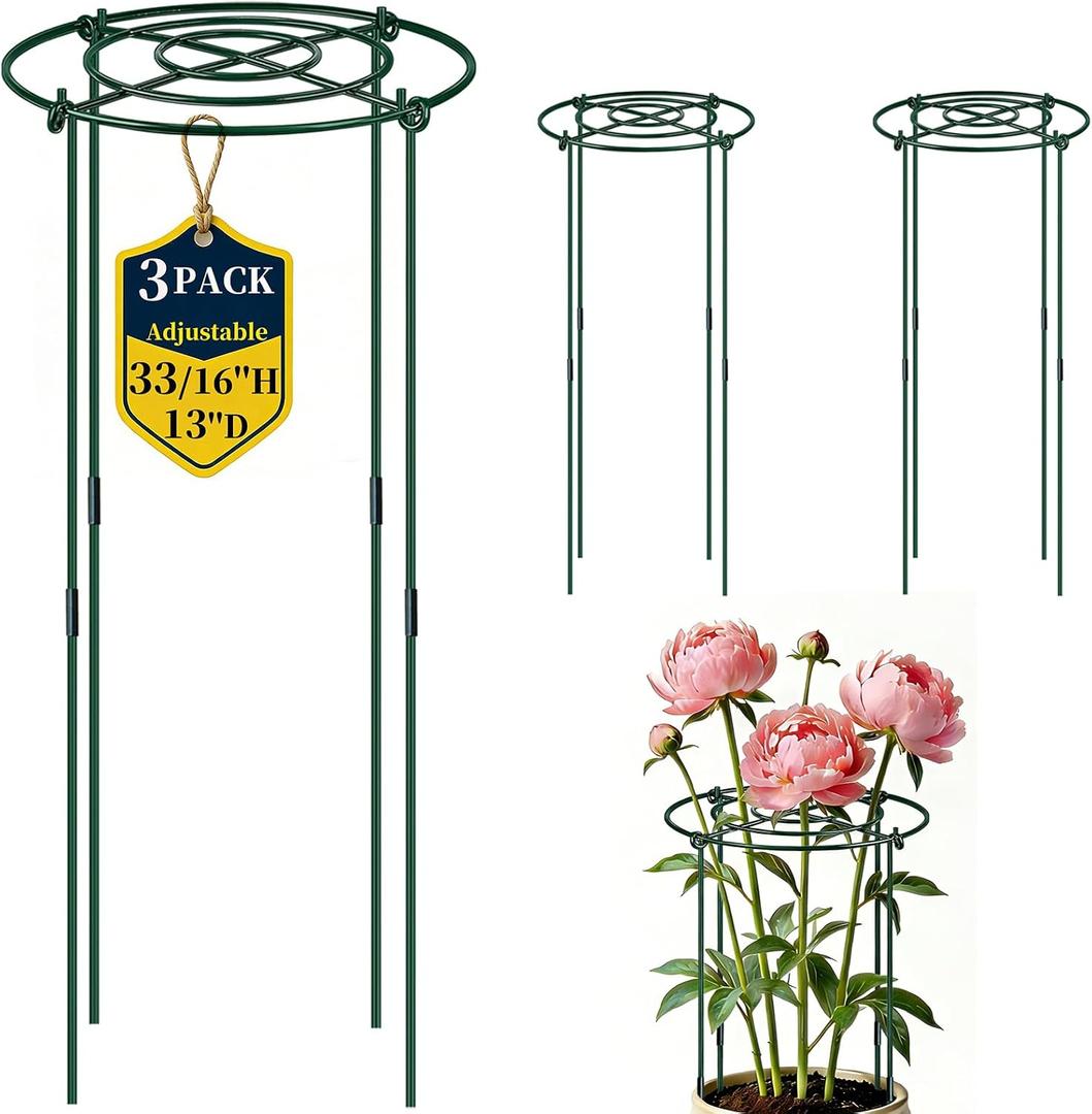QwayHome 3Pack Peony Cages and Supports 33''H x 13''D Grow Through Large Plant Support, Adjustable High, Heavy Duty, Rust-Resistant, Round, Flower Support Cage Ring for Rose Tomato Hydrangea