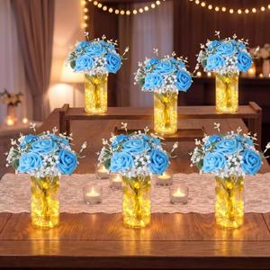 Domensi Set of 6 LED Lighted Floral Table Centerpieces, Faux Roses, Eucalyptus & Baby's Breath in Acrylic Vase, Glowing Rustic Wedding Decor for Bridal Shower, Party & Dining Table (Blue)