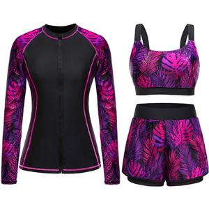 Black Purple Leaf 3 Piece Rash Guard for Women - Long Sleeve Swimsuits with Shorts SPF Zip up Swim Shirt with Built in Bra M