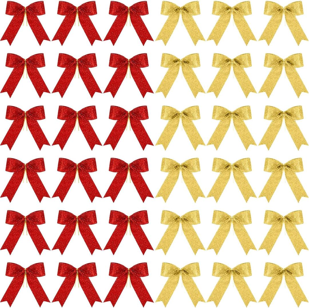 Sumind 36 Pieces Red Gold Christmas Tree Glitter Bows, 5 x 4 Inch Tie Ribbon Twist Tie Bows for Treat Bags Gift Wrapping Basket Wedding Birthday Valentine Christmas Tree Wreath Garland Decoration