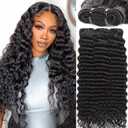 12A 3 Curly Bundles Human Hair 28 28 28 Inch Deep Wave Human Hair Bundles,100% Unprocessed Virgin Deals Real Human Hair Extensions