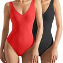 SUUKSESS Women 2 Piece Thong Bodysuit Sexy V Neck Backless Sleeveless Tank Tops Body Suits (Black & Red, S)