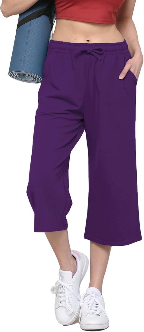 Lock and Love Womens Capri Pants Loose Yoga Pants Wide Leg Drawstring Comfy Lounge Pajama Capris Sweatpants with Pockets (Small, Wb2381_purple)