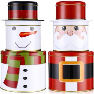 Tandefio 2 Sets Christmas Cookie Tins with Lids 3 Layer Christmas Tin Containers Metal Large Medium Small Round Nesting Containers Empty Tinplate Treat Boxes for Candy Chocolate Xmas Party Favor