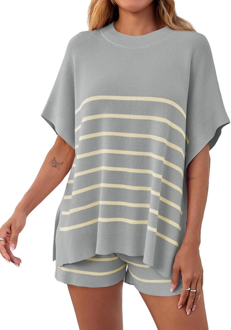 Fisoew Women's Striped 2 Piece Outfits Oversized Batwing Short Sleeve Tops High Waisted Shorts Summer Knit Lounge Short Sets Light Grey XXL
