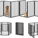 Vantas Folding No-Assembly Metal Pet Gate 120" Wide, 32" Extra Tall Dog Gate with Door Walk Through, Freestanding Accordion Puppy Gate Dog Door for Indoor & Outdoor, with 2PCS Support - Black