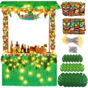 Yinder 33 Pcs Tiki Bar Hut Party Decoration Kit Hawaiian Hut Bar Garland Tropical Grass Table Skirt Palm Leaves Luau Paper Masks Tiki Bar Party Decor(Green)
