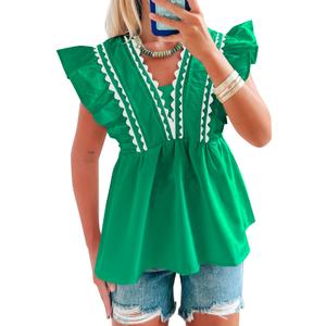 Tankaneo Womens Babydoll Peplum Tops Ruffle Cap Sleeve V Neck Blouse Dressy Cute Summer Pleated Shirts Trendy Green (Green, M)