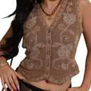 Verdusa Women's Western Outfit Cowgirl Embroidered Vest Tops Button Floral Boho Tank Top (X-Large, Brown)
