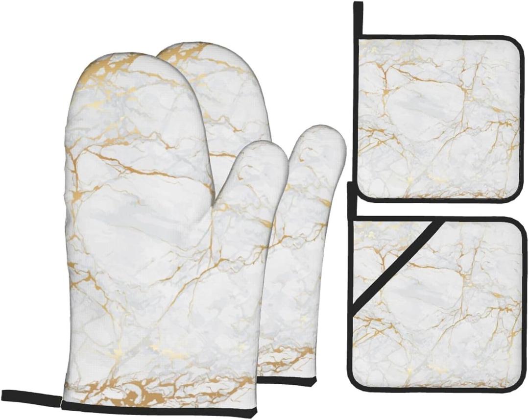 Perinsto White Gold Marble Oven Mitts & Pot Holders 4 Pcs Set, Decorative Heat Resistant Cooking Gloves Microwave Oven Gloves for Kitchen Baking Grilling BBQ