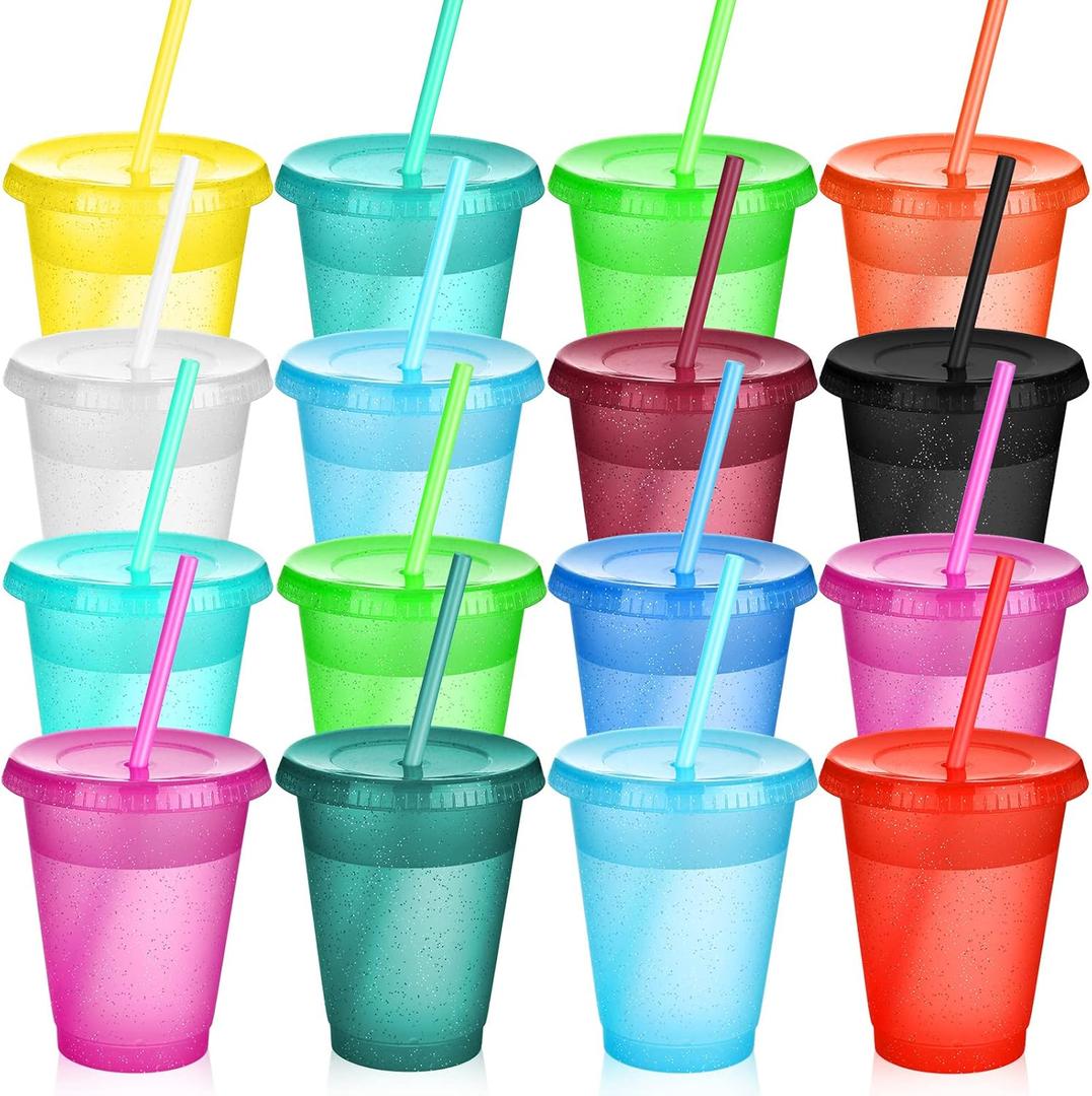 Sieral Cups with Straws and Lids Kids Tumbler with Straw Reusable Water Bottle Iced Coffee Travel Mug Adults Plastic Cups for Parties 16 oz(Bright Colors,15 Pack)
