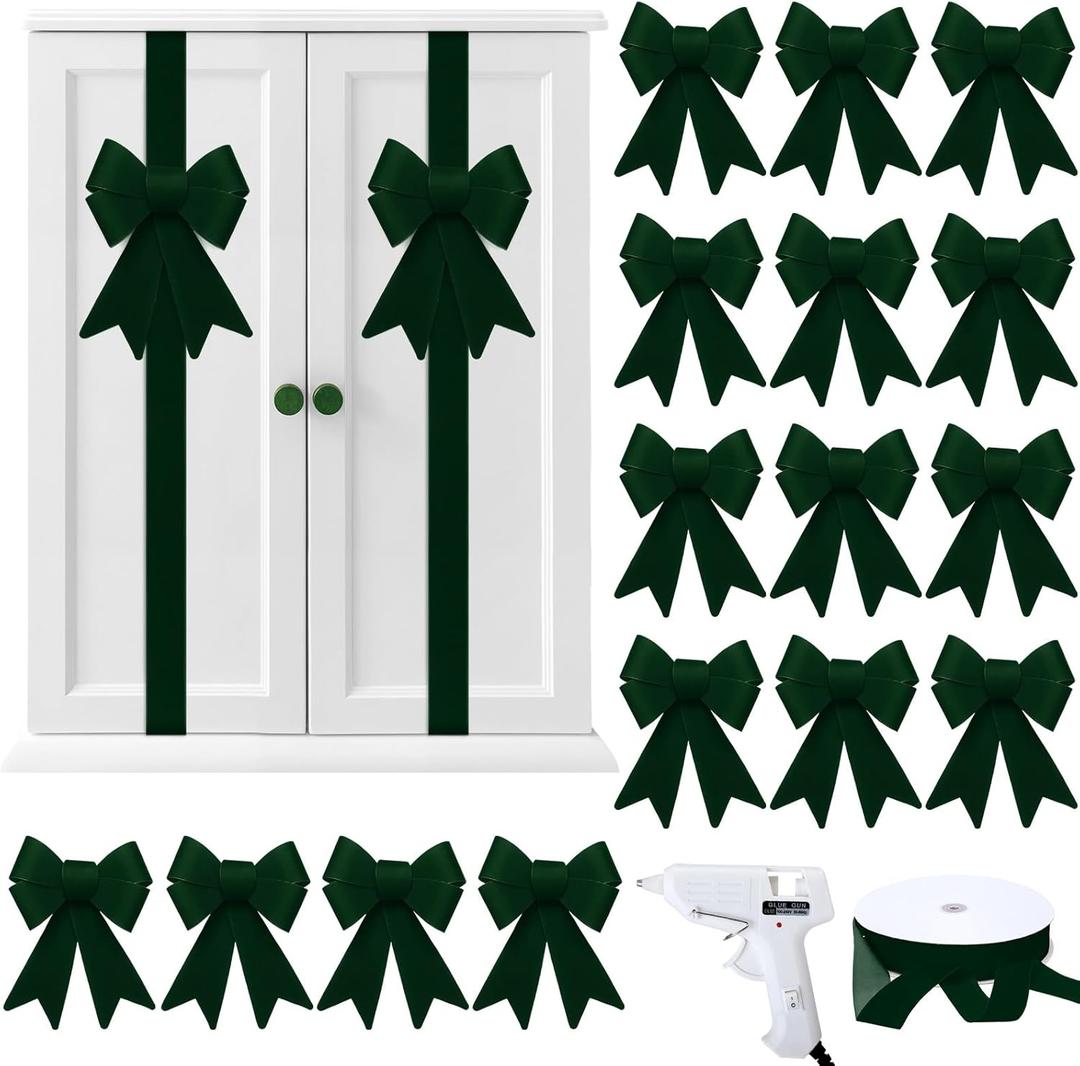 16 Pcs Christmas Cabinet Bows DIY Kitchen Velvet Cabinet Ribbons Bows for Kitchen Dining Door Home Holidays Decoration(Dark Green,Velvet)