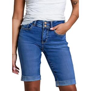 Sidefeel Women's Jean Shorts High Waisted Stretchy Bermuda Folded Hem Denim Summer Shorts (Blue, Size 12)