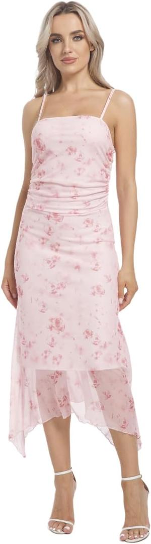 Women's Summer Floral Sheer Mesh Long Cami Dress Midi Sleeveless Spaghetti Strap Bodycon Beach Sundress (Pink)