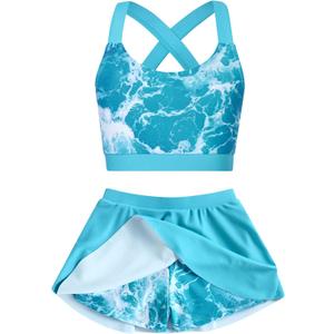 Cutemile 5-16 Years Girls Two Piece Tankini Swimsuit with Boyshort Bathing Suit Quick Dry Beach Swimwear (Blue)
