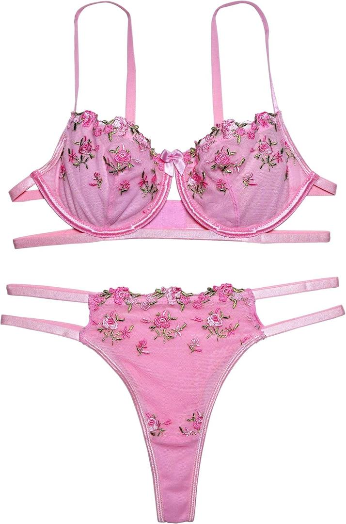 2 Piece Sexy Lingerie for Women, Embroidered Push Up Bra and Panty Set,Cut-Out Lingerie Set for Women (Small, Blush Pink)