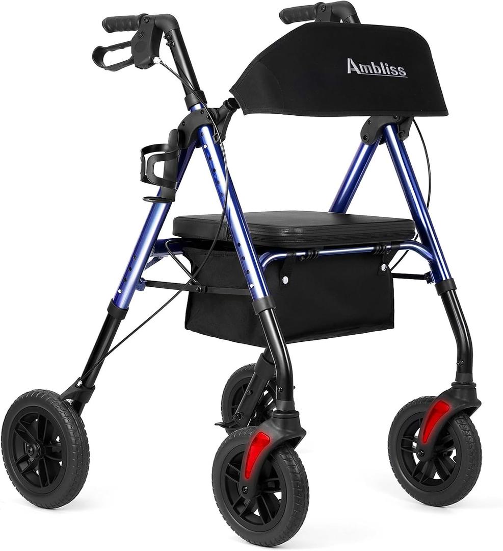 Ambliss Rollator Walker with Seat for Seniors,Lightweight Foldable Rolling Walker with 4 Large 8" Wheel,Adjustable Handle Height & Seat Height,Backrest,300 lbs Capacity, Storage Basket & Cup Holder
