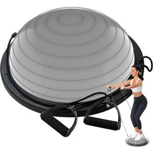 Balance Ball Trainer-Half Ball for Yoga with Resistance Band and Foot Pump, Improve Workout Half Balance Ball, Exercise Balance Ball for Stability Training and Home Gym (23", grey)