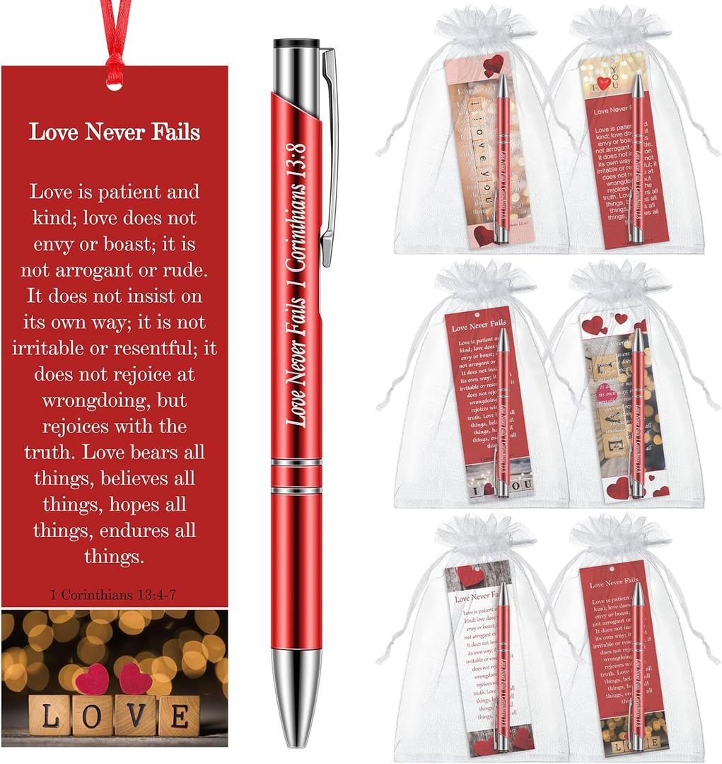 24 Pcs/12 Sets Christian Valentine Bookmarks Love Never Fails Pens, 12 Heart Bookmarks 12 Valentine 1 Corinthians 13: 8 Pen Valentine's Day Exchange Gifts for Sunday School Bible Study Groups