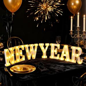 7 Pcs New Year Large LED Letter Sign LED Lights Battery Powered Table Decoration for New Year Christmas Party Tabletop Decoration