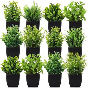 Unittype 12 Pcs Fake Plants Small Artificial Faux Plants for Shelf Mini Plastic Potted Greenery for Home Office Desk Bathroom Bedroom Indoor Decor (Black Pot,Green)