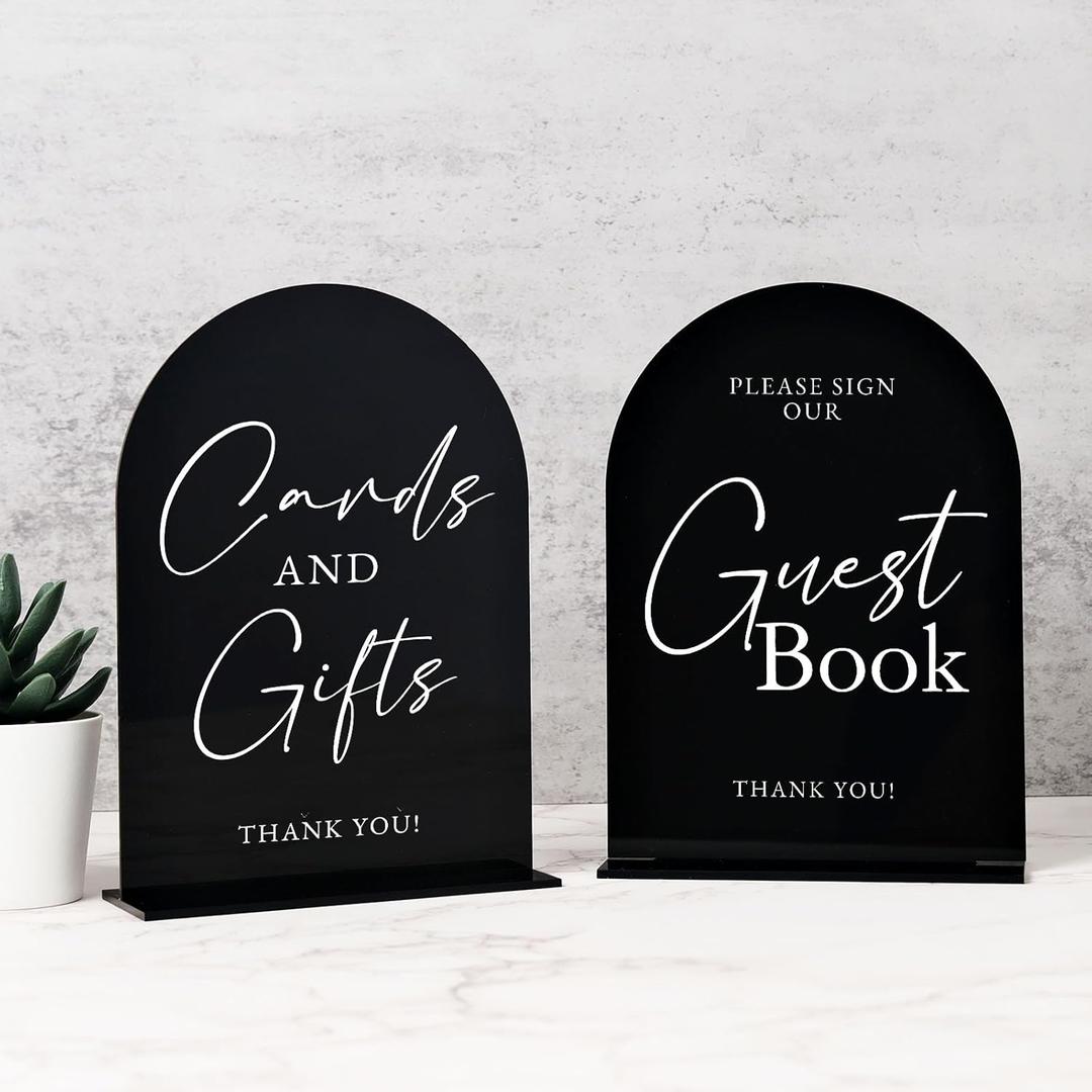 Set of 2 Black Acrylic Wedding Signs for Reception, 5"x7" Black Arched Acrylic Table Sign and Base | Cards and Gifts | Guest Book | Modern Font TableTop Reception Sign for Wedding & Party Event