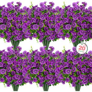 Roberly 20 Bundles Artificial Flowers for Outdoors, Fake Silk Flowers with Plastic Eucalyptus Greenery Stems Realistic Faux Plants for Spring Summer Porch Patio Yard Garden Vase Home Decor, Purple