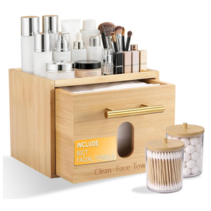 BSSN Face Towel Holder Bamboo Disposable Clean Towels Holder with Cotton Swab Box and 60ct Towels, Wall Mounted & Countertop Skincare Organizer, Bathroom Vanity Storage for Face Tissues & Makeup Pads