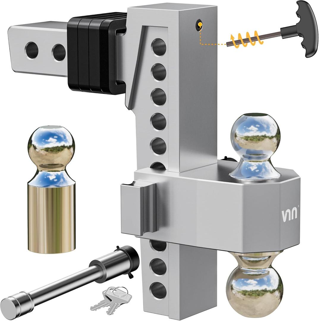 VNN Adjustable Trailer Hitch 10 Inch Drop 2 Inch Receiver - Interchangeable 3 Solid Ball Mount 1-7/8", 2", 2-5/16"(15,000 LBS GTW), Heavy Duty Aluminum Drop Hitch with Pads and Locking Sets (Silver)