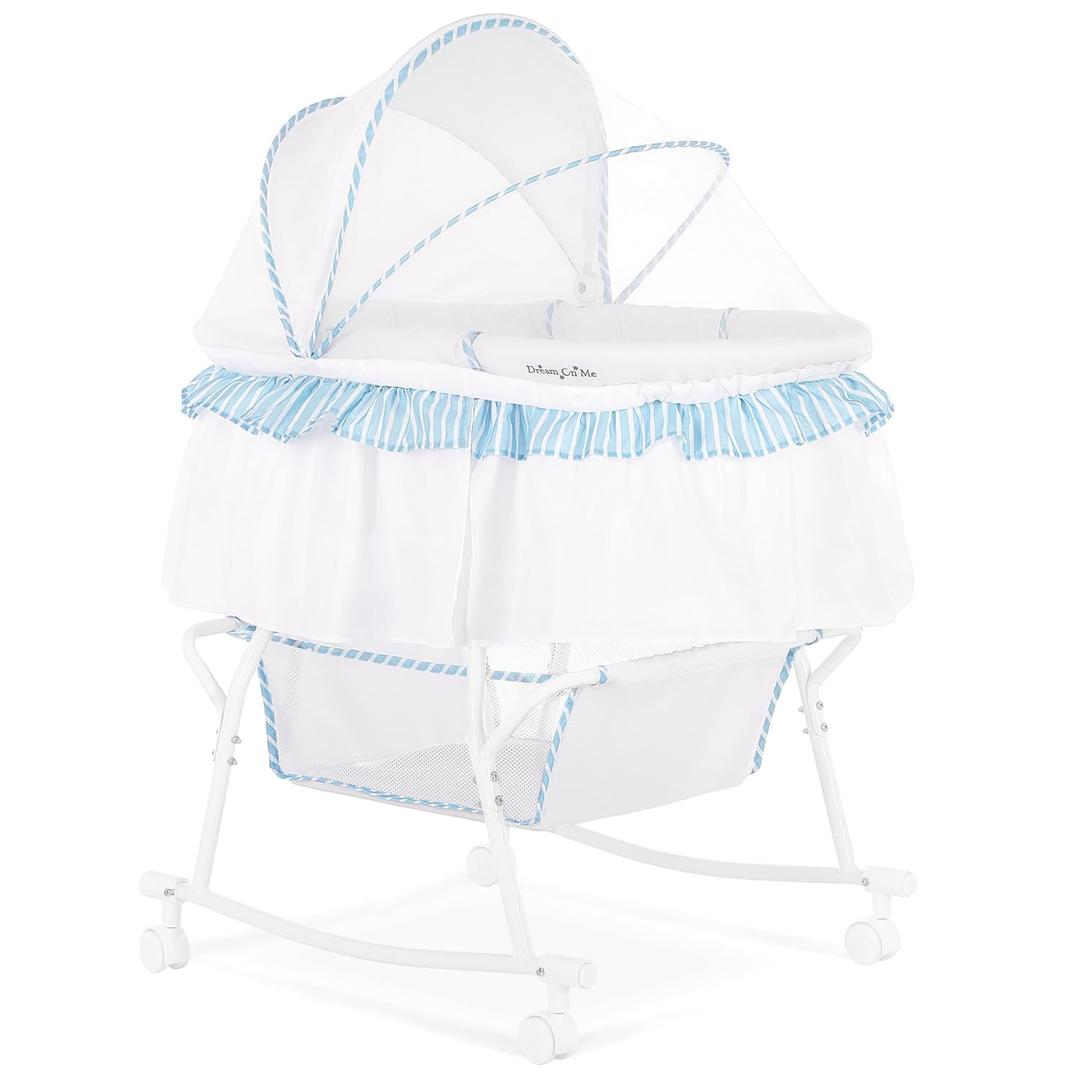 Dream On Me Lacy Portable 2-in-1 Bassinet & Cradle with Full Canopy, Storage Basket, Locking Wheels, Lightweight Frame, BSA Certified, Includes 1” Mattress Pad-Pink an White