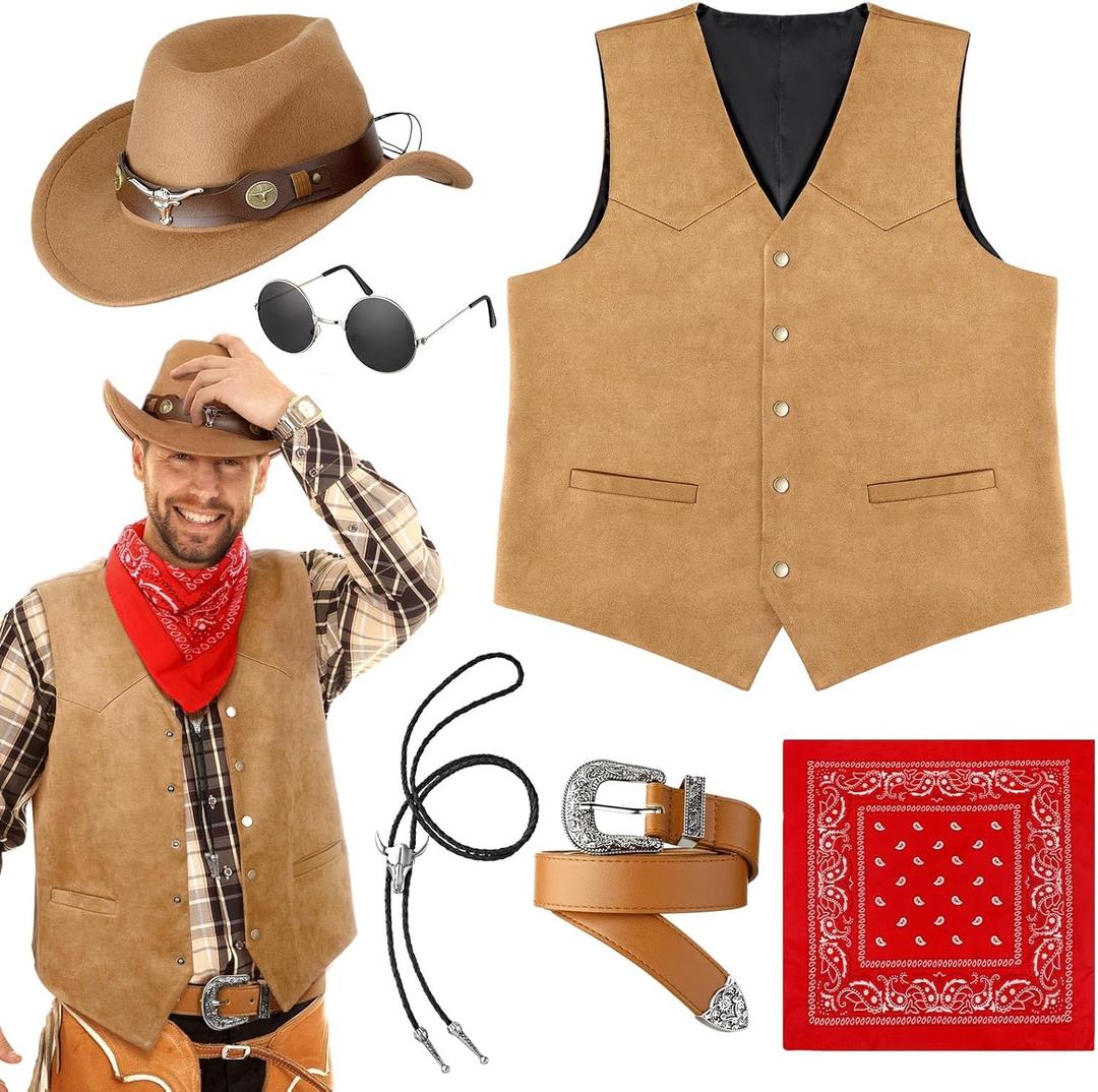 Vabean 6 Pcs Cowboy Costume Men Western Outfit Cowboy Vest Hat Necklace Belt Buckle Bandana Glasses for Rave Accessories (Medium, Brown)
