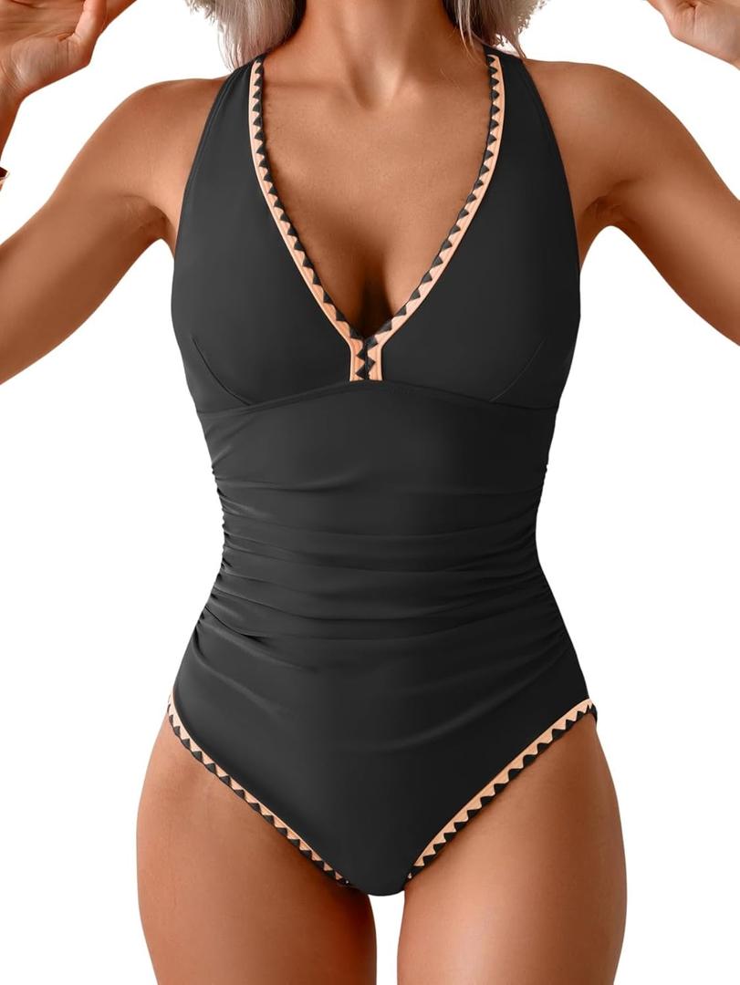 B2prity One Piece Swimsuit for Women Tummy Control Ruched Bathing Suit Push Up Tie Back Swimwear Shell Stitched (Large, Black, Light Pink)