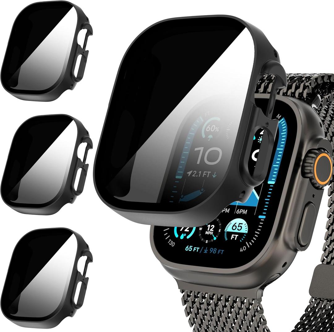Suoman 3-Pack for Apple Watch Ultra/Ultra 2 49mm Privacy Screen Protector Case, [Anti-Peeping] Ultra-Thin Tempered Glass Case Cover for iWatch Series 8 /iWatch Series 9 Ultra/Ultra 2 49mm (Black+Black+Black)