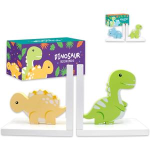 Decorably Stego and Trex Dinosaur Book Ends for Kids Books - 1 Set Non-Skid Vibrant Wooden Kids Bookends for Boys, Dinosaur Bookends - Nursery, Classrooms
