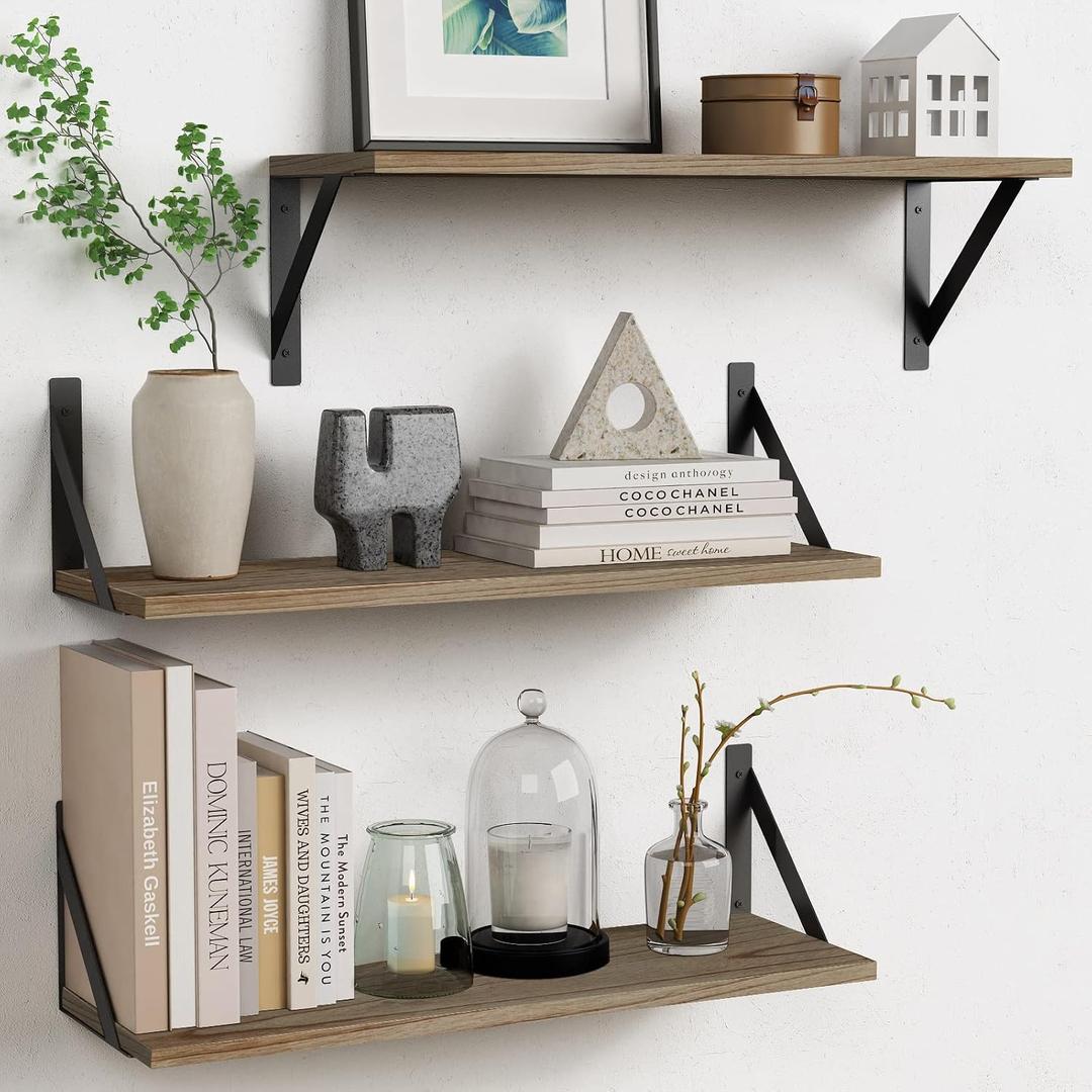 Forbena Wood Floating Shelves for Wall 24 inches Long, Large Bathroom Hanging Shelves Set of 3, Wall Mounted Storage Shelf for Bathroom Bedroom Living Room Kitchen Closet (Natural Wood)
